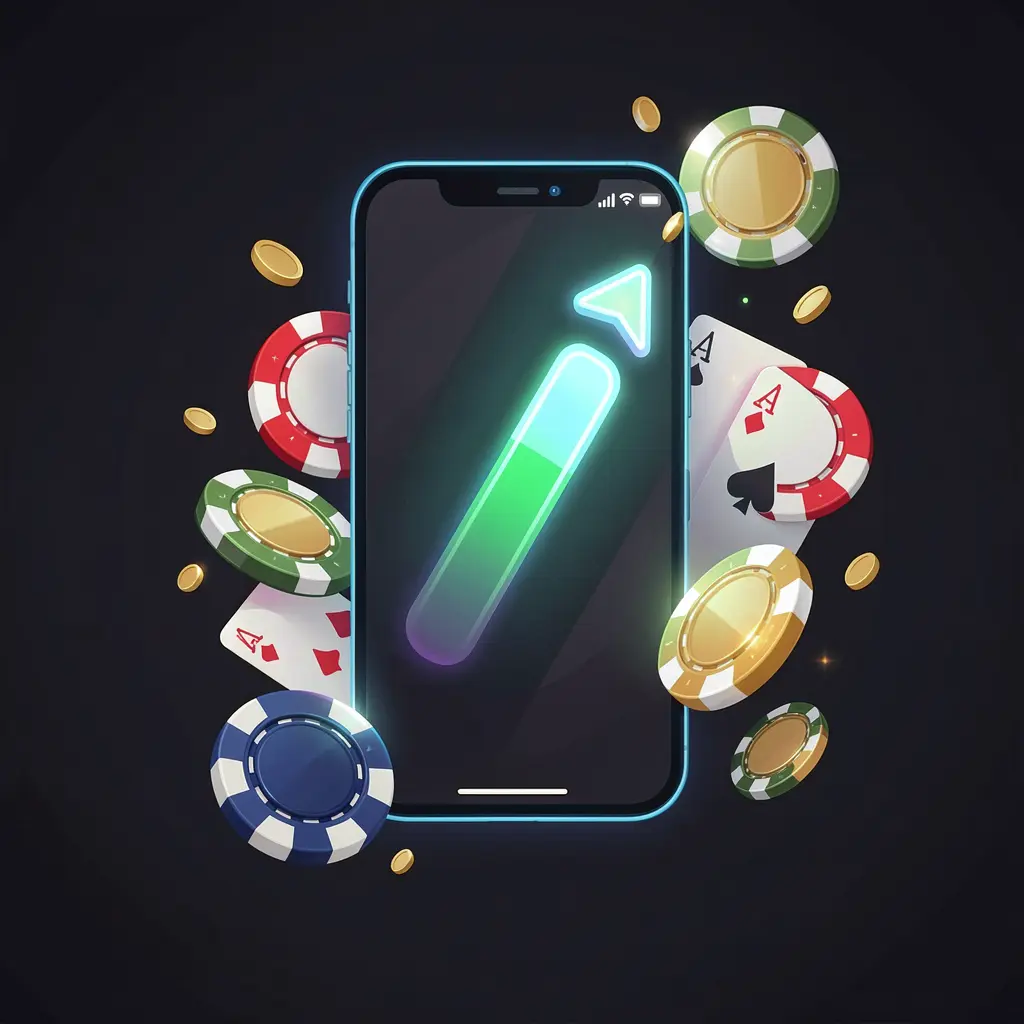 AC96 casino app installation on smartphone with glowing progress bar, surrounded by coins, chips, and cards on a dark background AC96 casino app installation on smartphone with glowing progress bar, surrounded by coins, chips, and cards on a dark background
