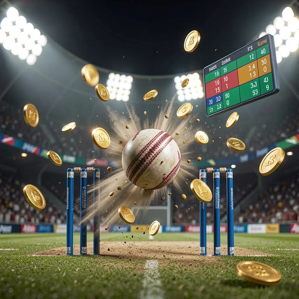 AC96 cricket match betting banner showing a cricket ball hitting the wickets with dynamic motion under stadium lights, featuring a floating odds interface and coins in a premium sports atmosphere AC96 cricket match betting banner showing a cricket ball hitting the wickets with dynamic motion under stadium lights, featuring a floating odds interface and coins in a premium sports atmosphere