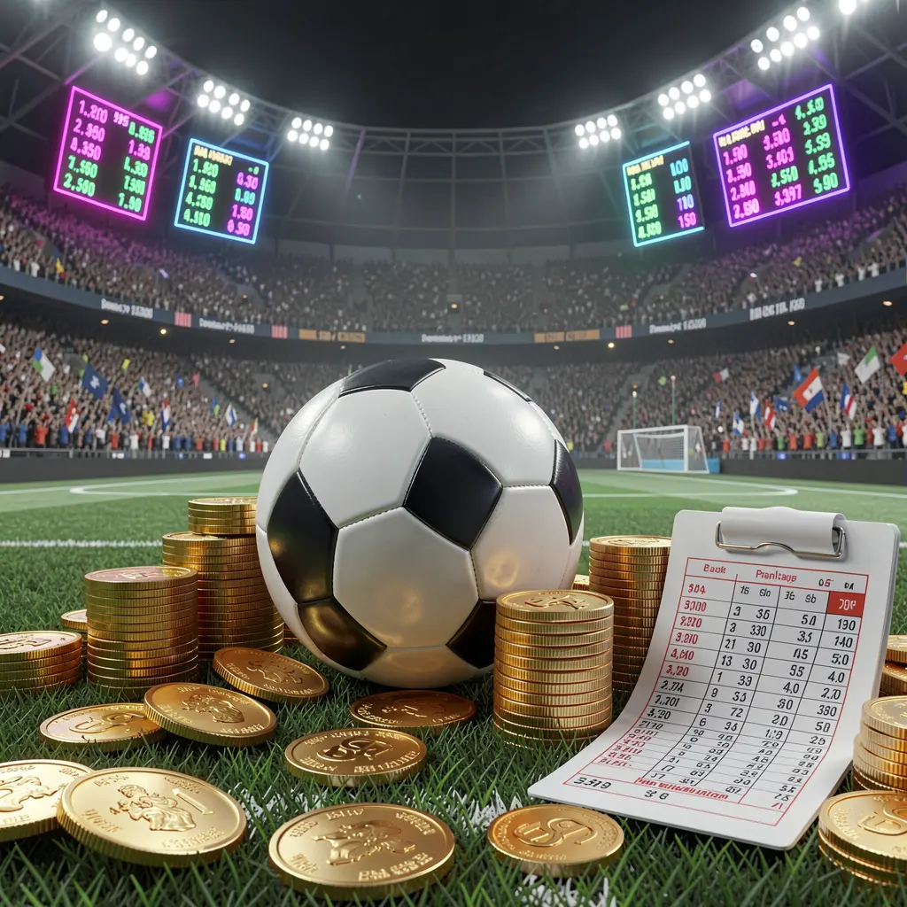 AC96 premium sports betting scene featuring a football field with a stadium crowd, a soccer ball, golden coins, betting slip elements, and neon odds panels in a realistic high detail 3D render AC96 premium sports betting scene featuring a football field with a stadium crowd, a soccer ball, golden coins, betting slip elements, and neon odds panels in a realistic high detail 3D render
