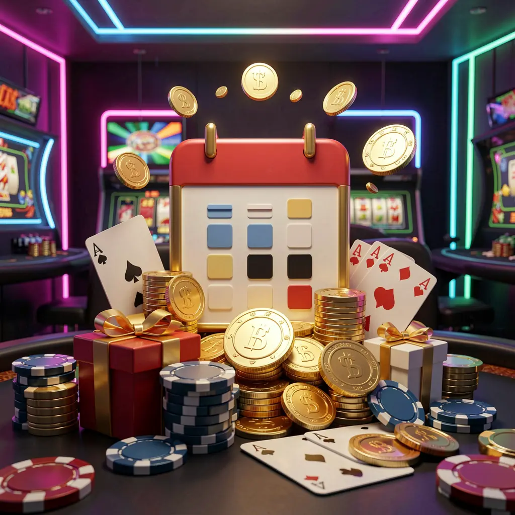 AC96 weekly online casino bonus concept featuring a calendar icon surrounded by golden coins, gift boxes, poker chips, and playing cards in a festive casino atmosphere with dark modern background and neon lights AC96 weekly online casino bonus concept featuring a calendar icon surrounded by golden coins, gift boxes, poker chips, and playing cards in a festive casino atmosphere with dark modern background and neon lights