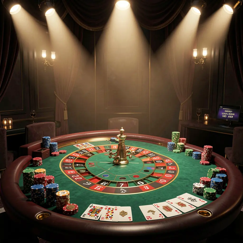 AC96 live casino scene featuring a roulette table, playing cards, and chips under glowing spotlights with a dark elegant background in a cinematic 3D style AC96 live casino scene featuring a roulette table, playing cards, and chips under glowing spotlights with a dark elegant background in a cinematic 3D style