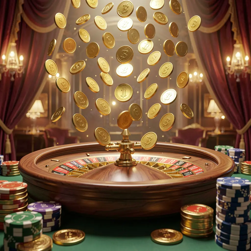 AC96 premium online casino banner with golden coins raining over a roulette wheel and poker chips against a glowing luxury background in a dynamic 3D render AC96 premium online casino banner with golden coins raining over a roulette wheel and poker chips against a glowing luxury background in a dynamic 3D render