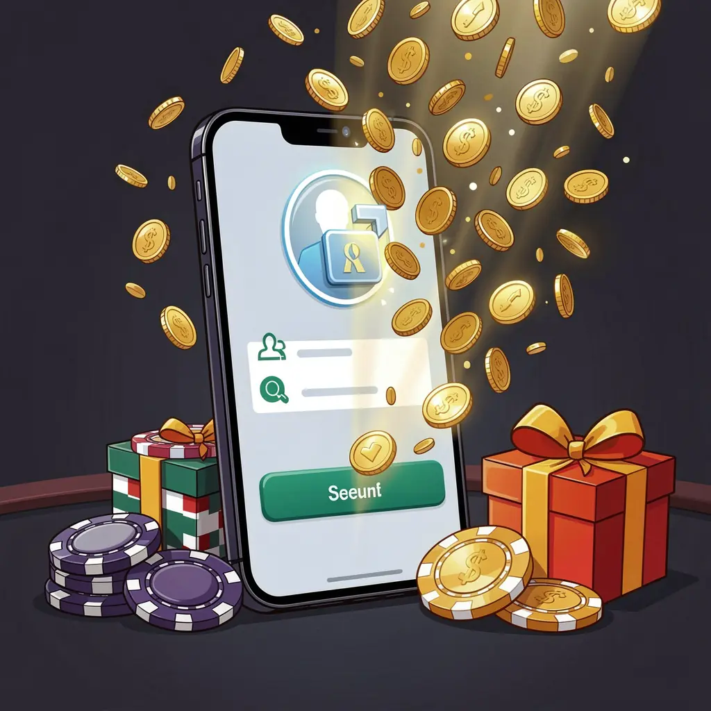 AC96 casino user login illustration showing a phone with secure access icon, golden coins bursting from the screen, poker chips and a gift box nearby on a dark premium background AC96 casino user login illustration showing a phone with secure access icon, golden coins bursting from the screen, poker chips and a gift box nearby on a dark premium background