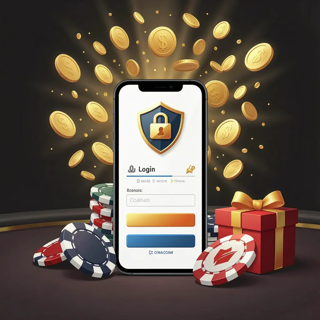 AC96 casino user login illustration showing a phone with secure access icon, golden coins bursting from the screen, poker chips and a gift box nearby on a dark premium background AC96 casino user login illustration showing a phone with secure access icon, golden coins bursting from the screen, poker chips and a gift box nearby on a dark premium background