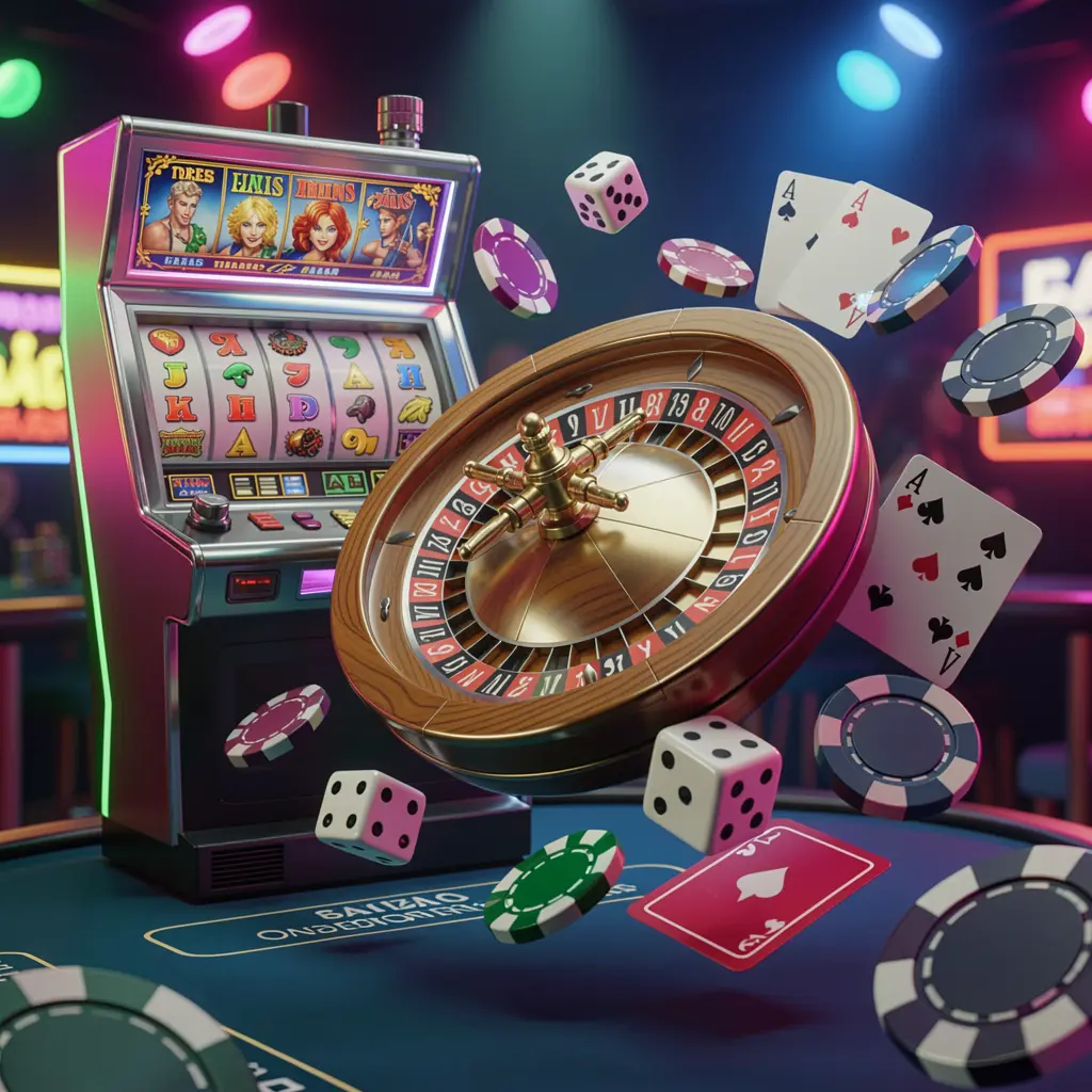 AC96 casino games collection homepage visual featuring a slot machine, roulette wheel, dice, playing cards, and poker chips floating together with colorful neon lights in a premium 3D render